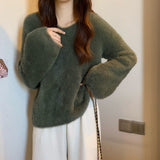 Soft Soft Glutinous Sweater Women's Autumn And Winter White Languid Wind High Sense V-Neck Knitted Shirt Loose Long-Sleeved Top
