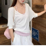 V-Neck Thin Loose Short-Sleeved Bat Sleeve T-Shirt For Women's Summer Striped Hanging Neck Sling Vest Two-Piece Top