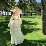 Beach Holiday Set French Pure Desire Pale Yellow Shoulder Lotus Leaf Short Top High Waist Half Body Skirt Two Sets