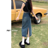 High-Waisted Open-Forked Cowboy Half-Dress Woman 2025 New Summer Small A-Word Half Skirt Retro Ass Long Skirt