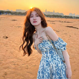 A Word Shoulder Broken Flower Dress Small Sling Dress Seaside Holiday Wearing Sanya Wind Beach Dress Summer