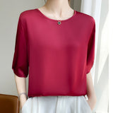 Airable Silk Satin 2026 Spring And Summer New Women's Round Collar Loose Solid Color Acetic Satin Noodles T-Shirt