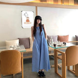 Blue Sleeveless Vest Dress Women's Summer French Lazy Holiday Style With Pocket Skirt Loose A-Word Dress