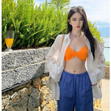 High-Rise Broad Leg Trousers Women's Seaside Vacation Sexy Bumpy Wear Lazy Trousers Blue Striped Pants