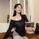 White Micro-Permeable U-Neck Long Sleeve Sunscreen T-Shirt Girl Summer Body Irregular Open Fork Inside The Bottom Shirt Shirt Top