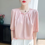 Silk Satin 2026 Spring And Summer Women's New Short Round Lead The National Wind Buckle Half-Sleeve Five-Sleeve Shirt