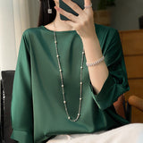 Silk Satin 2026 Spring And Summer Women's New Round Collar Loose Temperament T-Shirt Seven-Sleeve Solid Color Simple Match Cloth