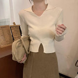 Over-Necked Bottom-Up Shirt Women's Autumn And Winter High-End Feel-Tuned Sweater With Polo Collar Knitted Small Short Top
