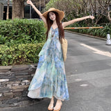 Seaside Holiday Style Print Small Flying Sleeve Sling Dress Women 2026 Summer New Waist Irregular Fairy Dress