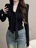 Autumn And Winter With Pure Temperament Tight Short V Tie With Long-Sleeved T-Shirt Slimy Sexy Top