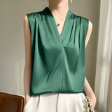 Silk Satin 2026 Spring And Summer Women's New Body Repair V Collar Wide Shoulder Short Sleeveless Sling Sling Sling Vest
