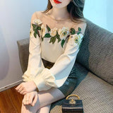 Design Sense Mesh Splicing Shirt Autumn Dress Women 2026 New Heavy Industry Embroidery Flower Shirt Chic Beautiful Shirt