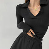 Spice Girl Sexy V-Neck Elastic Slim Slim Polo Shirt Retro Spring And Autumn Long-Sleeved Thread Bottom T-Shirt Top