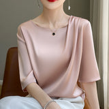 Silk Satin Paste Acetic Acid 2026 Spring And Summer New Women's Five-Sleeve Collar Loose T-Shirt Short-Sleeved Top