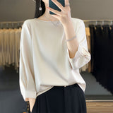 Silk Satin 2026 Spring And Summer Women's New Round Collar Loose Temperament T-Shirt Seven-Sleeve Solid Color Simple Match Cloth