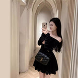 One-Word Shoulder Long-Sleeved Dress Women's Spring 2025 New French Name Wind To Close The Waist Thin And Fluffy Small Black Dress