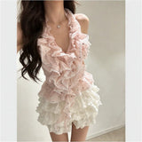 Pure Atmosphere Of The Hottie Pink Wave Dot Hanging Neck Top + White Ponbo Cake Skirt Temperament Sexy Two-Piece