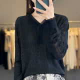 Fine-Woven Wool 2026 Autumn And Winter New Women's Short V-Neck Lace Loose Nail-Pind Jersey Knitted Sweater