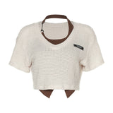 French Small Retro Irregularly Hung Neck Vest Bubble Wrinkled Short-Sleeved T-Shirt Summer Folded Two Sets