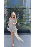 French Temperament Sling Dress Fairy Seaside Holiday Dress New Irregular Lotus Leaf Side Dress