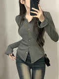 Spring And Autumn Polo Collar Pure Lustful Design Long-Sleeved Shirt Girl Thin Shoulder Hottie Top