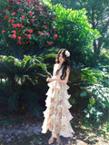 Morning Dew Ceew Garden French Holiday Style Print Hanging Neck Chiffon Cake Dress Girl Crumumid Flowers Show Thin Dress