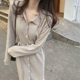 Thirteen Lines Of Early Autumn Dress Long Sleeves Thin Knitted Skirt French Long Sweater Skirt Polo Tie Dress
