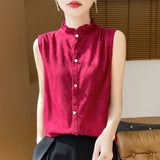 Silk Velvet 2026 Spring And Summer New Women's Wooden Ear Collar Buckle Sleeveless Knitted Bottom Shirt Short-Sleeved Vest
