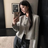 Vintage Round Collar Small Fragrant Coat Women's Spring And Autumn Small Senior Sense Stripe Loose Famous Lady Thousand Gold Short Top