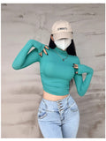 Pure Hot Girl Half-High Collar Shoulder Long-Sleeved T-Shirt Autumn And Winter New Side-Waist Folded Elastic Repair Shirt Short