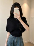 Knitted Women's 2026 New Summer Black Round Collar Design Feeling Short-Sleeved Blouse Temperament Loose Short