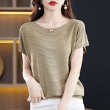 Tiansi 2026 Spring And Summer Women's New Lady Loose Temperament Beads Short-Sleeved T-Shirt Bottom Knitted Half-Sleeved Top
