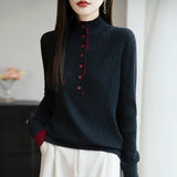 Wool Blending 2026 Autumn And Winter New Lady Loose Semi-High-Collar French Style Hit-And-Fleet Two-Piece Bottom Knitting Shirt