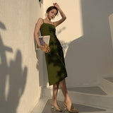 Summer New Long Avocado Green Little Fairy Dress A Word Waist Drawstring Slings Holiday Dress Woman
