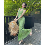 French Wave Dots With Hanging Neck Dress Women's Summer Temperament Green Dress Baged Hip Skirt Holiday Dress