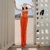 Thailand Sanya Seaside Holiday Orange Hollow Lace Bag Folded Pure Sexy Dress Beach Dress