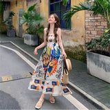 Vintage National Wind Sling Dress Women Spring Seaside Holiday Graffiti Print Sleeveless Vest Skirt Lazy Dress Skirt
