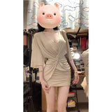 Micro Fat Mm Pure Hot Babes Style V Collar Short-Sleeved Dress Women's Summer New Waist Folds Elastic Package Hip Skirt