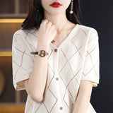 Pure Cotton Sweat 2026 Spring And Summer New Women's Hollow Open Shirt V Collar Display Short Temperament Top T-Shirt Knitted Shirt