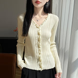 Skin-Skin Velvet 2026 Autumn And Winter New Women's Loose Wood Ear V Collar Collar Bottom Knitted Cardigan Sweater Jacket
