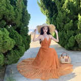 Suitable For Seaside Travel To Take Pictures Of Orange V-Necked Dress Women Feel The Beautiful Holiday Dress Of The Island
