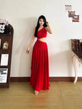 French White Sleeveless Slanted Shoulder Dress Women's Summer Design Long Dress Holiday Dress