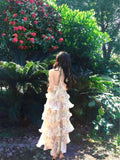 Morning Dew Ceew Garden French Holiday Style Print Hanging Neck Chiffon Cake Dress Girl Crumumid Flowers Show Thin Dress