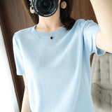 2026 Spring New Pure Cotton Sweat-Sucking T-Shirt Women's Round Collar Collar Head Short-Sleeved Knitwear