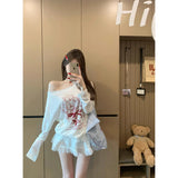 Korean White Print Oblique Shoulder Long-Sleeved T-Shirt Women's Summer Loose Sun Protection Shirt Design Thin Model Top