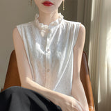 Silk Velvet 2026 Spring And Summer New Women's Wooden Ear Collar Buckle Sleeveless Knitted Bottom Shirt Short-Sleeved Vest