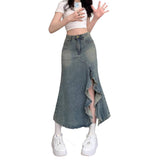 Fishtail Irregular Opening Cowboy Half-Dress Girl Retro Blue Lace Wave High Waist Small Hot Babes Bag Hip Skirt