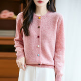 100% Pure Wool 2026 Autumn And Winter New Women's Loose Round Collar Color Buckle Thick Knitted Cardigan Jacket