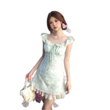 Dopamine Mint Green Flower Dress Women's Summer Gentle Wind Leaster Stitching Small Flying Sleeves To The Waist-Ponded Skirt