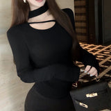 Small Design Hollowed Out Devet T-Shirt Girl Autumn New Pure Hot Girl Hanging Neck Thin Long Sleeve Top